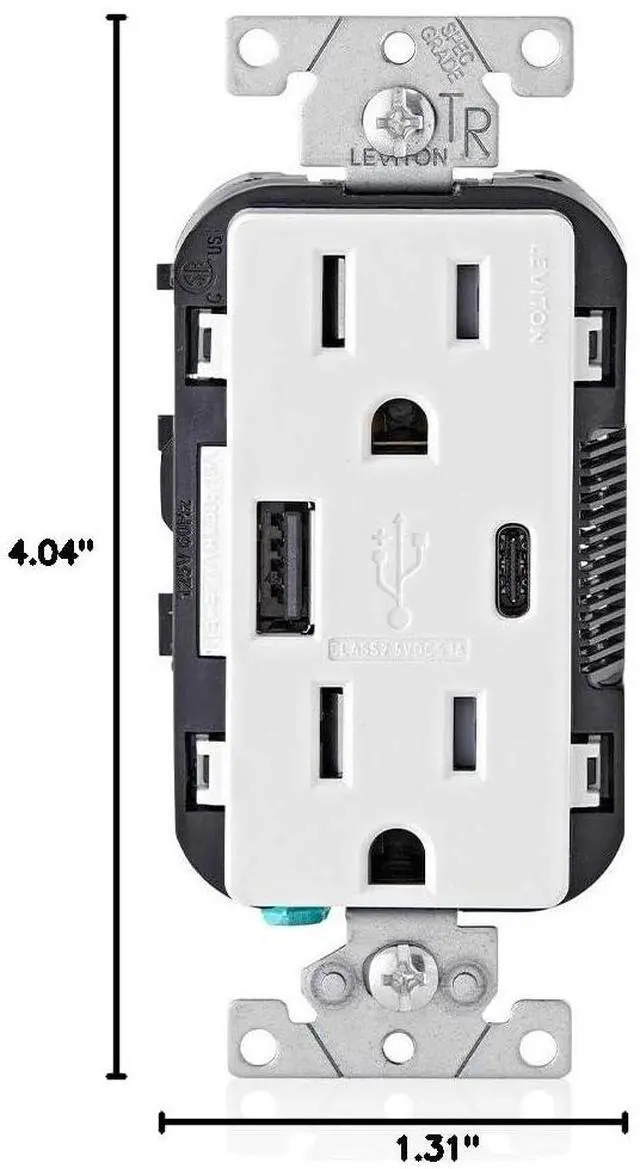 Alt view image 7 of 7 - Leviton T5633-W Type A & Type-C USB In-Wall Charger with 15A Tamper-Resistant Outlet, USB Charger for Smartphones and Tablets, Not for Laptops, White