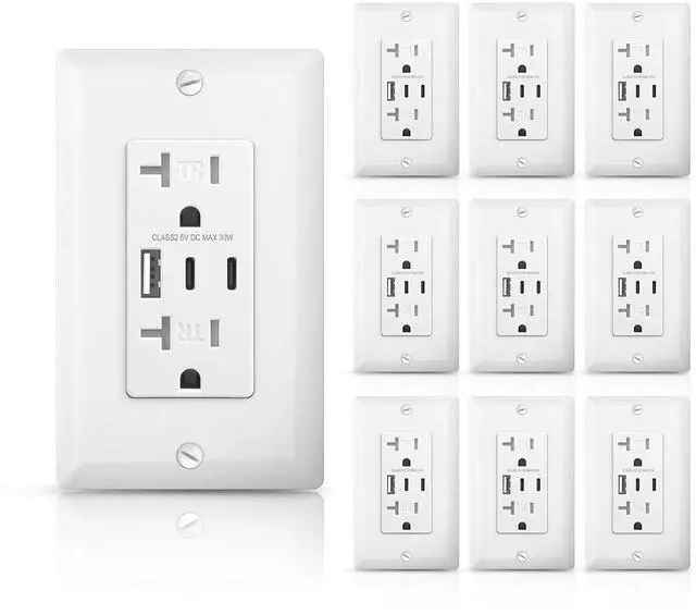 Main image of 20 Amp Tamper Resistant Electrical Socket, 30W 6.0A USB C Outlets Receptacles with Type A & Type C Ports, Wall Plate Included, ETL Listed, White, 10 Pack