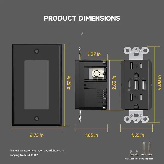 Alt view image 7 of 7 - 5 Pack USB C Outlet, 30W 6.0A Charging Electrical Outlet, 15 Amp TR Power Receptacle with 3 USB Ports, UL Listed, Wall Plate Included, Self-Grounding, Black