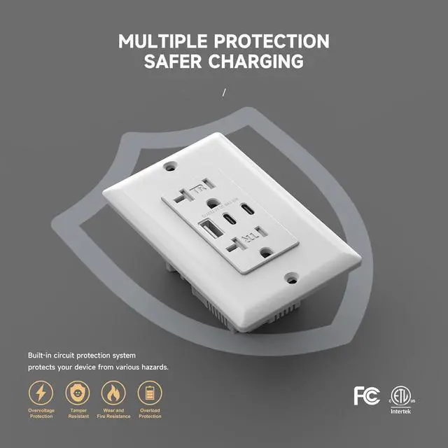 Alt view image 4 of 7 - 20 Amp Tamper Resistant Electrical Socket, 30W 6.0A USB C Outlets Receptacles with Type A & Type C Ports, Wall Plate Included, ETL Listed, White, 10 Pack