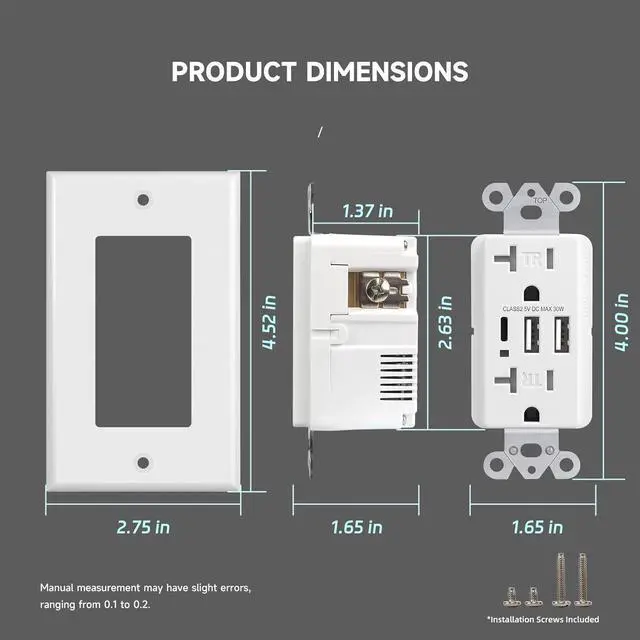 Alt view image 7 of 7 - 5Pack USB Wall Outlet, 6.0 Amp Charging Power Outlet with 3 Ports (Type A & Type C), 20A Tamper Resistant Receptacle Plug, UL & FCC Listed, White