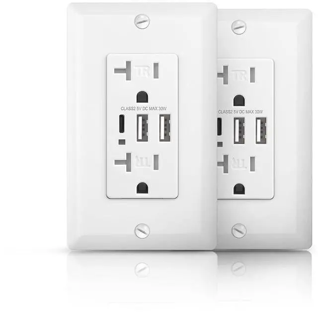 Main image of USB Wall Outlet, 30W 6 Amp in-Wall Charger with Type A & C USB Ports, 20A Tamper-Resistant Receptacle Plug, Wallplate Included, UL & FCC Listed, White, 2Pack