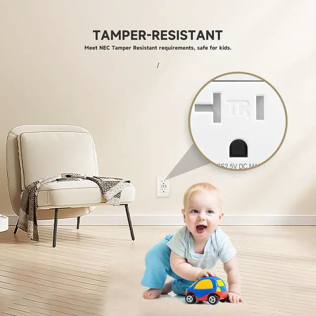 Alt view image 5 of 7 - 5Pack USB Wall Outlet, 6.0 Amp Charging Power Outlet with 3 Ports (Type A & Type C), 20A Tamper Resistant Receptacle Plug, UL & FCC Listed, White