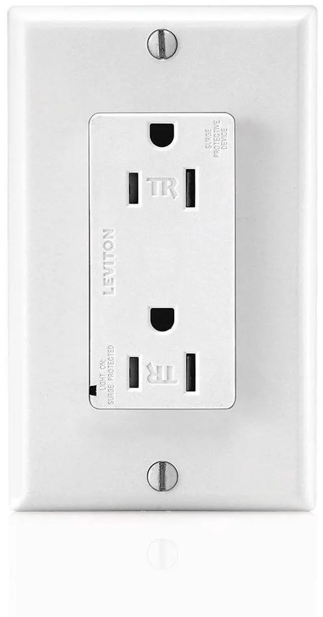 Main image of Leviton 15 Amp, 125 Volt, Tamper Resistant, Decora Duplex Surge Suppressor Receptacle, Straight Blade, Commercial Grade, Self Grounding, T5280-W, White