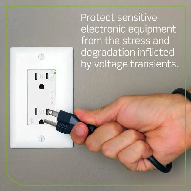 Alt view image 2 of 3 - Leviton 15 Amp, 125 Volt, Tamper Resistant, Decora Duplex Surge Suppressor Receptacle, Straight Blade, Commercial Grade, Self Grounding, T5280-W, White