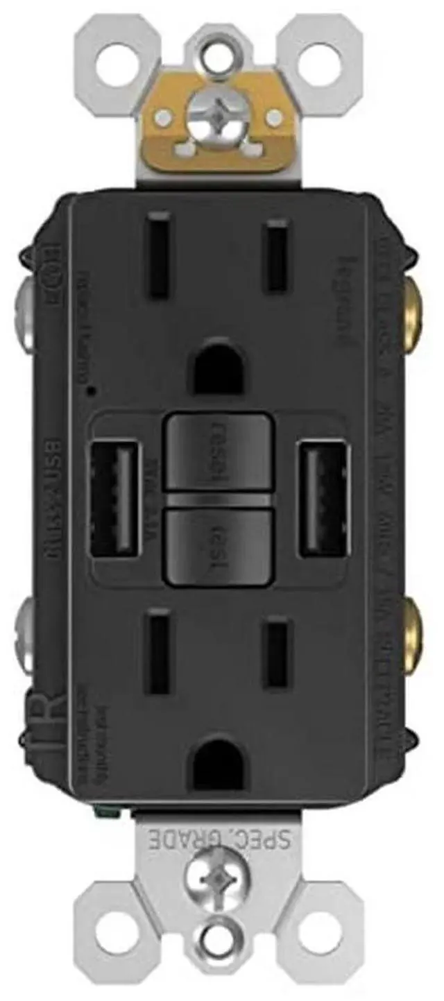 Main image of Legrand Radiant 1597TRUSBAABK 15 Amp GFCI Self Test Tamper Resistant Decorator Duplex Outlet with USB Type A, Black (1 Count)
