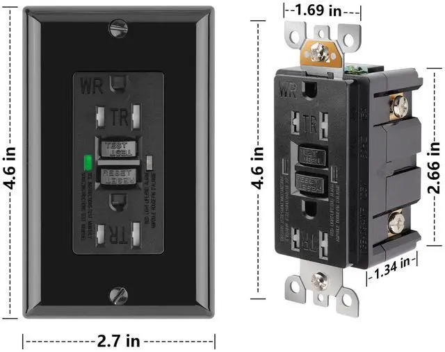 Alt view image 6 of 7 - GFCI Outlet 15 Amp, UL Listed, Self-Test GFI Receptacles, TamperResistant, Weather Resistant, LED Indicator, with Decor Wall Plates and Screws, Indoor or Outdoor Use, Black