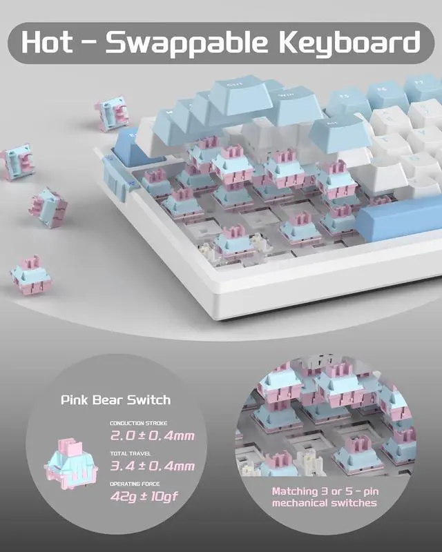Alt view image 4 of 7 - MageGee SKY81 75% Mechanical Gaming Keyboard, Hot Swappable Wired Custom Creamy Keyboards with 5-Layer Sound Dampening, Knob Control, RGB Backlit, NKRO for Win/Mac (Ice Sea Blue, Pink Bear Switch)