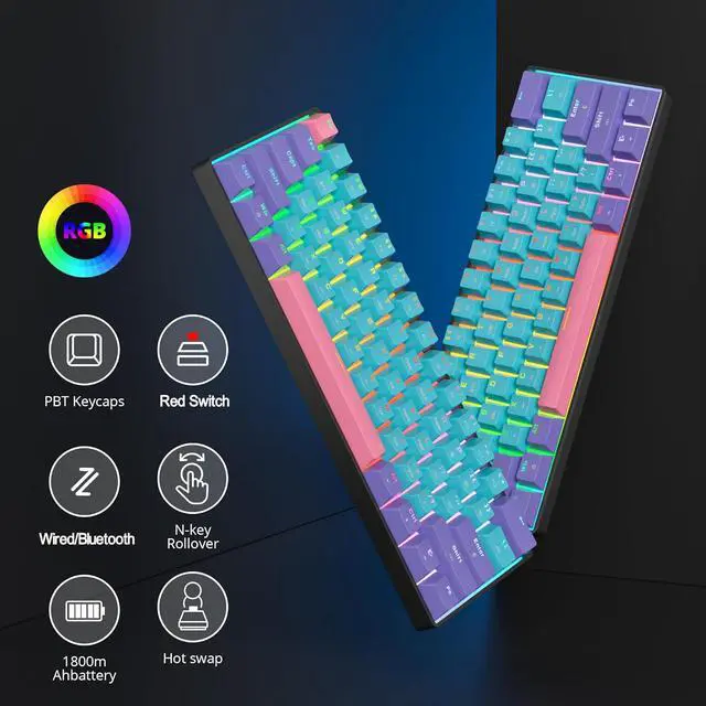 Alt view image 2 of 7 - Fogruaden 60 Percent Wireless Gaming Keyboard, Wired/Bluetooth Mechanical Keyboard 60%, RGB Backlit, Hot-Swappable Red Switch