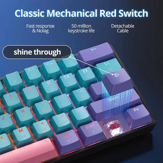 Alt view image 7 of 7 - Fogruaden 60 Percent Wireless Gaming Keyboard, Wired/Bluetooth Mechanical Keyboard 60%, RGB Backlit, Hot-Swappable Red Switch