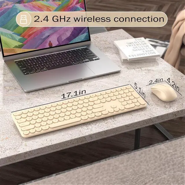 Alt view image 6 of 6 - Wireless Keyboard and Mouse Combo, 110 Round Quiet Keys, Adjustable Optical Mouse, Share 1xUSB Receiver, Power Switch, for Windows Mac(Khaki)