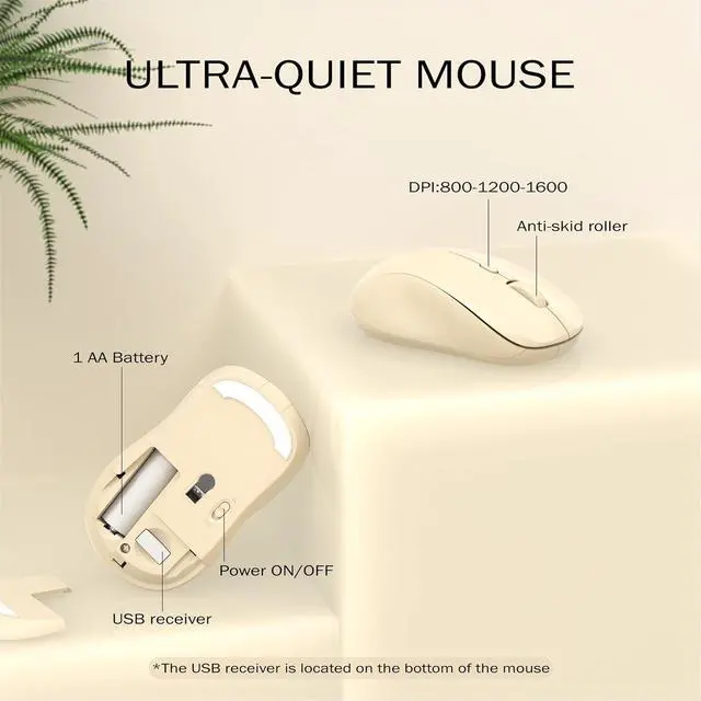Alt view image 5 of 6 - Wireless Keyboard and Mouse Combo, 110 Round Quiet Keys, Adjustable Optical Mouse, Share 1xUSB Receiver, Power Switch, for Windows Mac(Khaki)
