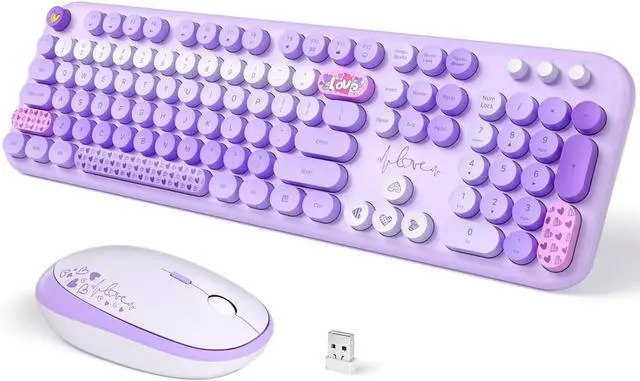 Main image of Wireless Keyboard and Mouse, SQMD Colorful Typewriter Retro Keyboard with Round Keycaps, 2.4GHz USB Full-Size Keyboard and Mouse Set for Mac PC Desktop Laptop (Purple Colorful)