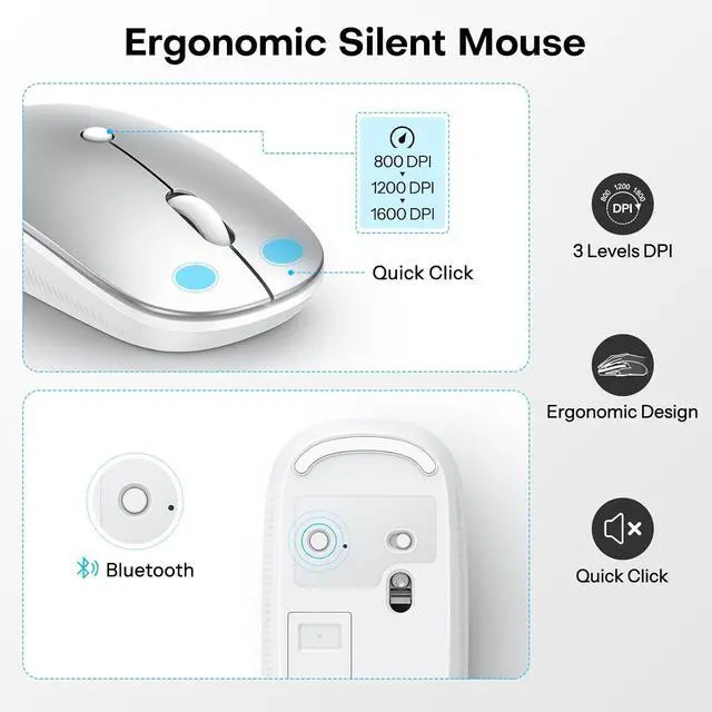 Alt view image 4 of 7 - Wireless Keyboard and Mouse Combo for Mac, 14 Media Shortcuts Keyboard with Adjustable DPI Mouse, Slim & Portable Design, Stable Bluetooth Connection, Silver-White,OMOTON