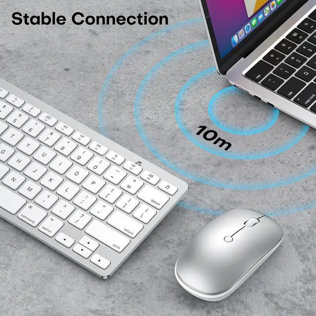 Alt view image 6 of 7 - Wireless Keyboard and Mouse Combo for Mac, 14 Media Shortcuts Keyboard with Adjustable DPI Mouse, Slim & Portable Design, Stable Bluetooth Connection, Silver-White,OMOTON