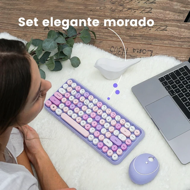 Alt view image 3 of 7 - Perixx PERIDUO-713PP ES Set de ratón y Mini teclado inalámbrico 2.4 GHz, Teclas redondas Estilo Retro, para PC y Tablet, Morado Pastel, Español QWERTY