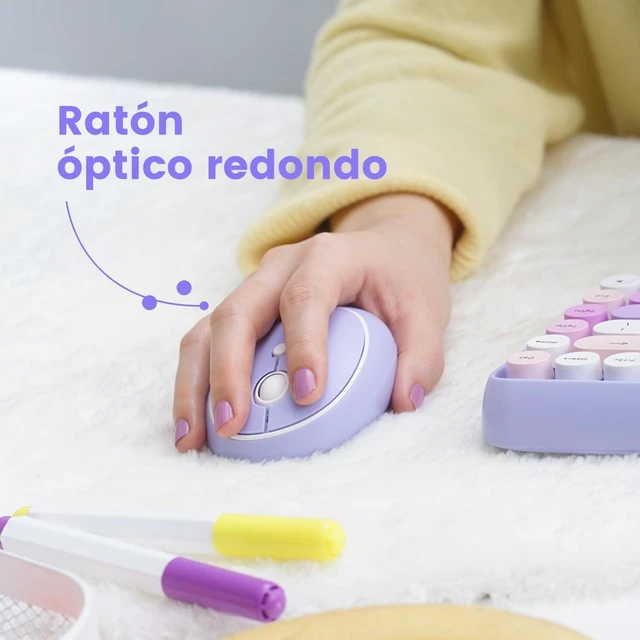 Alt view image 4 of 7 - Perixx PERIDUO-713PP ES Set de ratón y Mini teclado inalámbrico 2.4 GHz, Teclas redondas Estilo Retro, para PC y Tablet, Morado Pastel, Español QWERTY