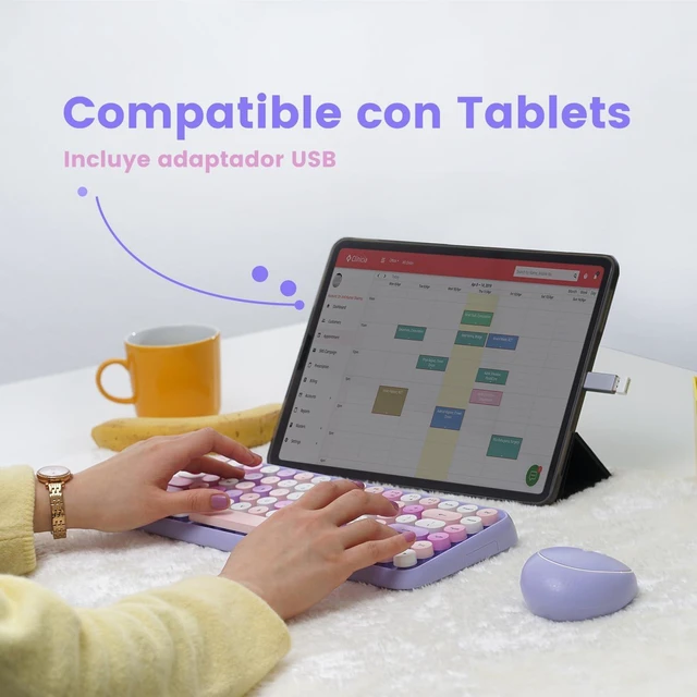 Alt view image 5 of 7 - Perixx PERIDUO-713PP ES Set de ratón y Mini teclado inalámbrico 2.4 GHz, Teclas redondas Estilo Retro, para PC y Tablet, Morado Pastel, Español QWERTY