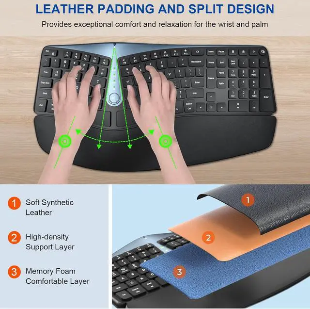 Alt view image 2 of 7 - Ergonomic Wireless Keyboard and Mouse, MK835 Ergo Bluetooth/2.4G Split Design Keyboard Mouse Combo with Cushioned Palm Rest, Multi-Device, Wave Keys, Rechargeable, for Windows/Mac/Android