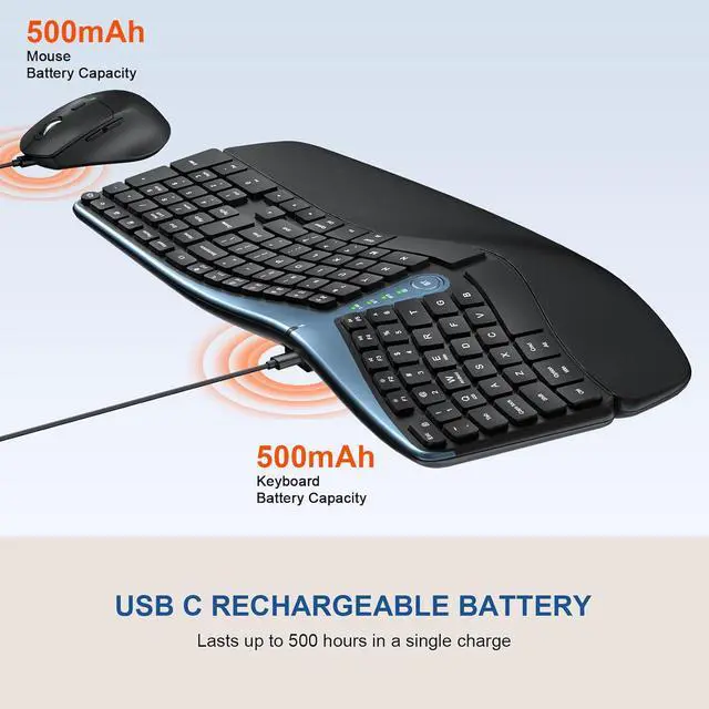 Alt view image 4 of 7 - Ergonomic Wireless Keyboard and Mouse, MK835 Ergo Bluetooth/2.4G Split Design Keyboard Mouse Combo with Cushioned Palm Rest, Multi-Device, Wave Keys, Rechargeable, for Windows/Mac/Android