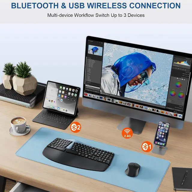 Alt view image 3 of 7 - Ergonomic Wireless Keyboard and Mouse, MK835 Ergo Bluetooth/2.4G Split Design Keyboard Mouse Combo with Cushioned Palm Rest, Multi-Device, Wave Keys, Rechargeable, for Windows/Mac/Android