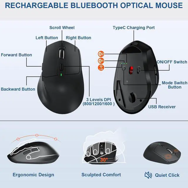 Alt view image 6 of 7 - Ergonomic Wireless Keyboard and Mouse, MK835 Ergo Bluetooth/2.4G Split Design Keyboard Mouse Combo with Cushioned Palm Rest, Multi-Device, Wave Keys, Rechargeable, for Windows/Mac/Android