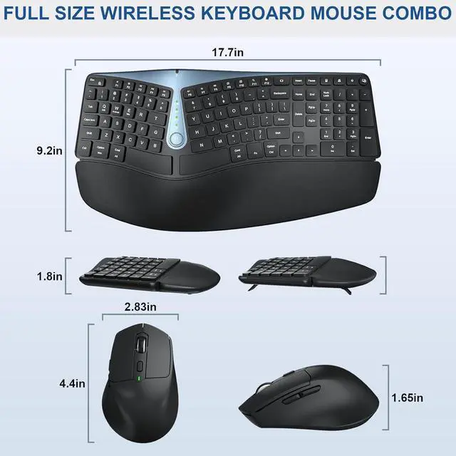Alt view image 7 of 7 - Ergonomic Wireless Keyboard and Mouse, MK835 Ergo Bluetooth/2.4G Split Design Keyboard Mouse Combo with Cushioned Palm Rest, Multi-Device, Wave Keys, Rechargeable, for Windows/Mac/Android