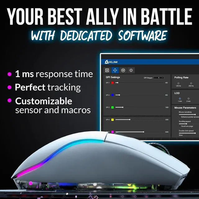 Alt view image 3 of 7 - KLIM Blaze X RGB + New + Rechargeable Wireless Gaming Mouse with Charging Dock + Long-Lasting Battery + Up to 12000 DPI + Wired & Wireless Mouse PC, PS5, PS4, Mac + White