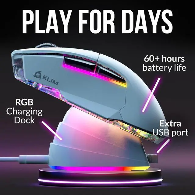 Alt view image 6 of 7 - KLIM Blaze X RGB + New + Rechargeable Wireless Gaming Mouse with Charging Dock + Long-Lasting Battery + Up to 12000 DPI + Wired & Wireless Mouse PC, PS5, PS4, Mac + White