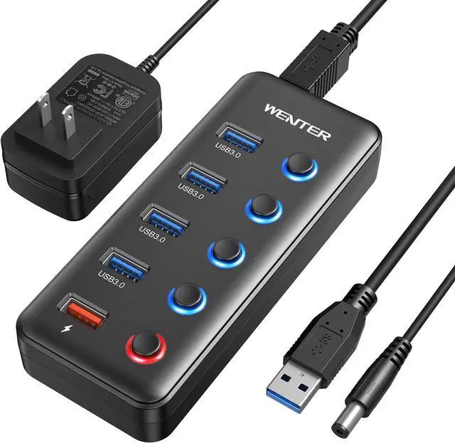 Main image of Powered USB Hub Wenter 5 Ports USB 3.0 Hub (4 Data Transfer Ports+ 1 Smart Charging Port) with Individual LED On/Off Switches USB Hub 3.0 Powered with 15W Power Supply for PC MAC