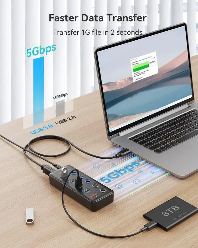 Alt view image 2 of 7 - Powered USB Hub Wenter 5 Ports USB 3.0 Hub (4 Data Transfer Ports+ 1 Smart Charging Port) with Individual LED On/Off Switches USB Hub 3.0 Powered with 15W Power Supply for PC MAC