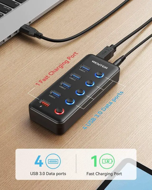 Alt view image 3 of 7 - Powered USB Hub Wenter 5 Ports USB 3.0 Hub (4 Data Transfer Ports+ 1 Smart Charging Port) with Individual LED On/Off Switches USB Hub 3.0 Powered with 15W Power Supply for PC MAC