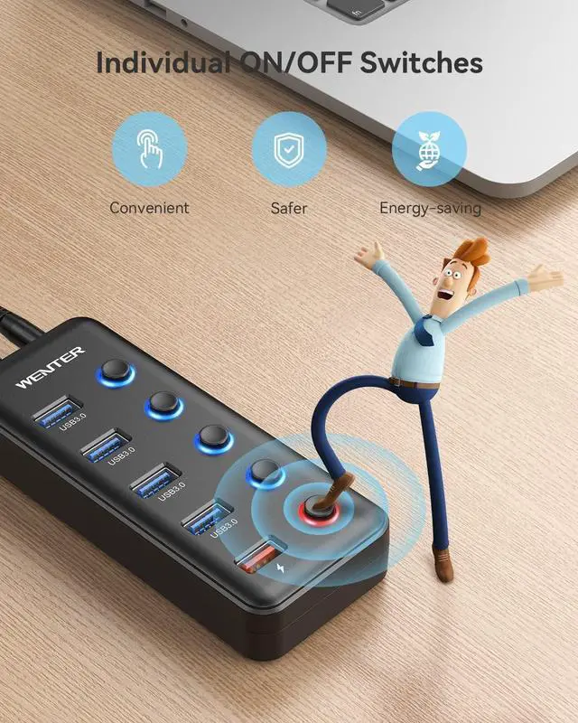 Alt view image 5 of 7 - Powered USB Hub Wenter 5 Ports USB 3.0 Hub (4 Data Transfer Ports+ 1 Smart Charging Port) with Individual LED On/Off Switches USB Hub 3.0 Powered with 15W Power Supply for PC MAC