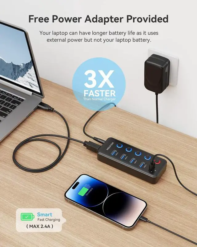 Alt view image 6 of 7 - Powered USB Hub Wenter 5 Ports USB 3.0 Hub (4 Data Transfer Ports+ 1 Smart Charging Port) with Individual LED On/Off Switches USB Hub 3.0 Powered with 15W Power Supply for PC MAC