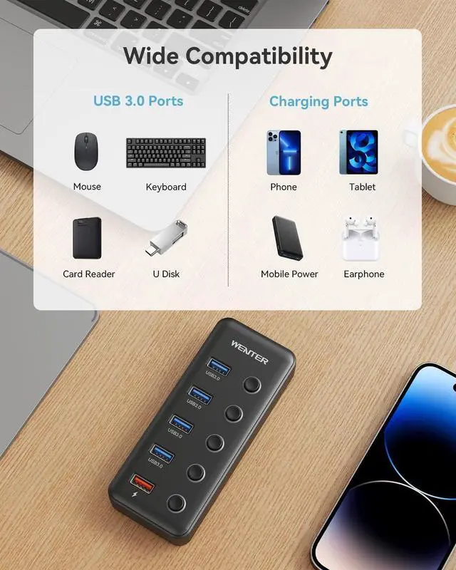 Alt view image 7 of 7 - Powered USB Hub Wenter 5 Ports USB 3.0 Hub (4 Data Transfer Ports+ 1 Smart Charging Port) with Individual LED On/Off Switches USB Hub 3.0 Powered with 15W Power Supply for PC MAC