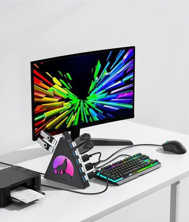 Alt view image 7 of 7 - 7-Port USB 3.0 Hub Vertical USB Hub Splitter with RGB Lighting 5Gbps High-Speed Data Transfer and 2FT Extension Cable Compatible with PC MacBook Laptop PS5 Xbox Flash Drive Printer