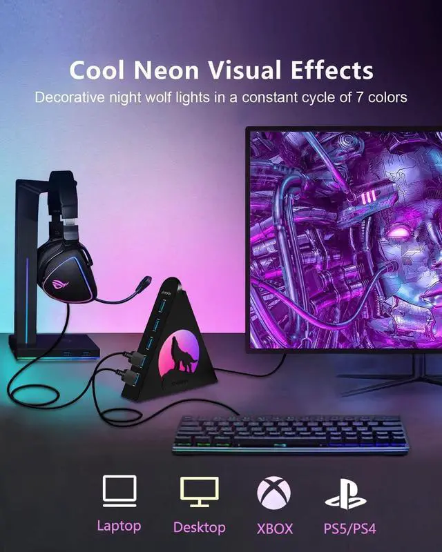 Alt view image 3 of 7 - 7-Port USB 3.0 Hub Vertical USB Hub Splitter with RGB Lighting 5Gbps High-Speed Data Transfer and 2FT Extension Cable Compatible with PC MacBook Laptop PS5 Xbox Flash Drive Printer