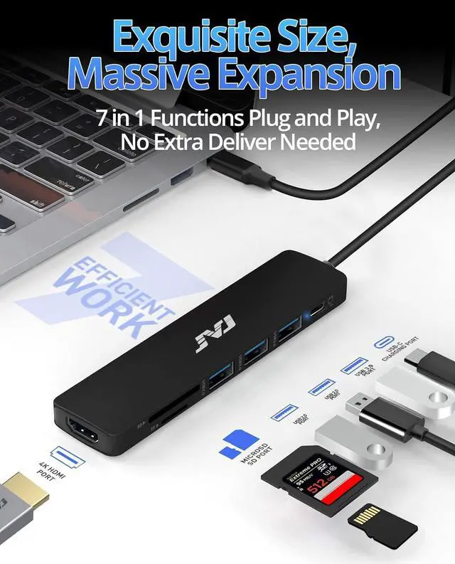 Alt view image 7 of 7 - USB C Hub Multiport Adapter, JVJ 7-in-1 Hub with 4K HDMI,USB 3.0,100W PD, SD/TF Card Reader, USB C Dongle for MacBook Pro/Air/M1/M2, iPad Pro, Dell XPS Thunderbolt 3 Hub Multiport Adapter(Black)
