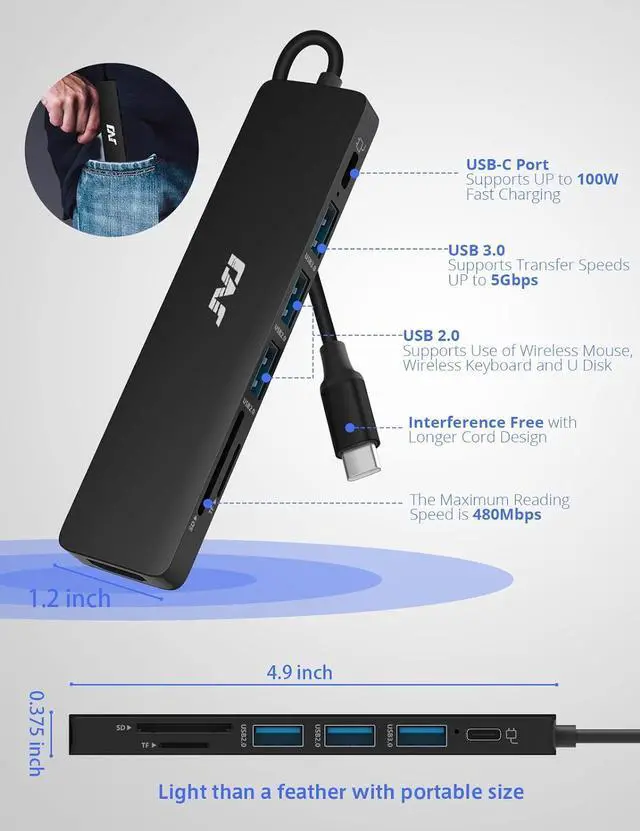 Alt view image 2 of 7 - USB C Hub Multiport Adapter, JVJ 7-in-1 Hub with 4K HDMI,USB 3.0,100W PD, SD/TF Card Reader, USB C Dongle for MacBook Pro/Air/M1/M2, iPad Pro, Dell XPS Thunderbolt 3 Hub Multiport Adapter(Black)