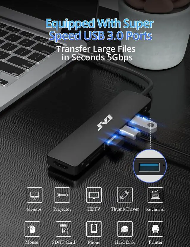 Alt view image 4 of 7 - USB C Hub Multiport Adapter, JVJ 7-in-1 Hub with 4K HDMI,USB 3.0,100W PD, SD/TF Card Reader, USB C Dongle for MacBook Pro/Air/M1/M2, iPad Pro, Dell XPS Thunderbolt 3 Hub Multiport Adapter(Black)