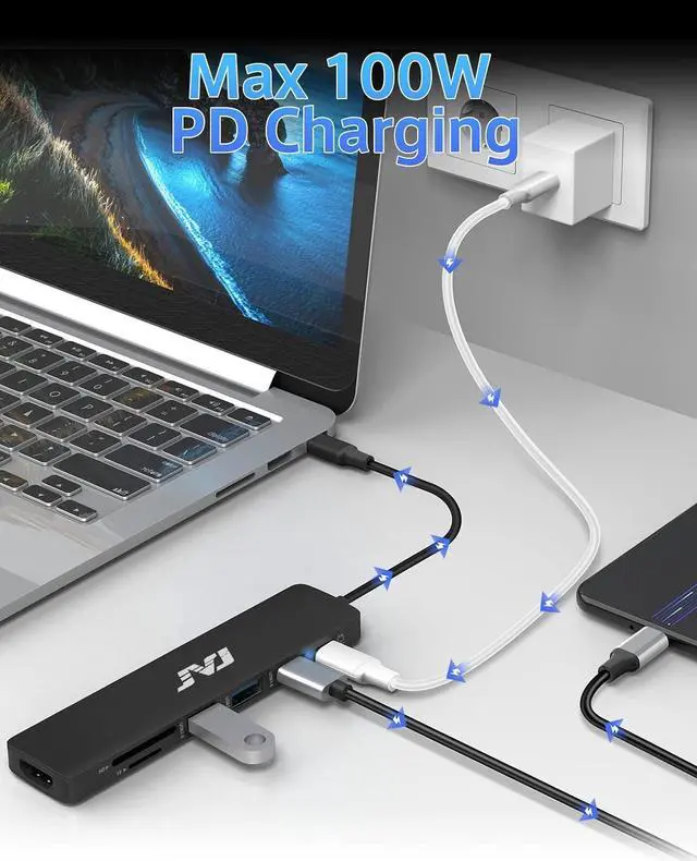Alt view image 5 of 7 - USB C Hub Multiport Adapter, JVJ 7-in-1 Hub with 4K HDMI,USB 3.0,100W PD, SD/TF Card Reader, USB C Dongle for MacBook Pro/Air/M1/M2, iPad Pro, Dell XPS Thunderbolt 3 Hub Multiport Adapter(Black)