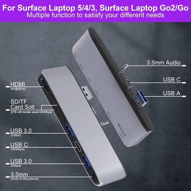 Alt view image 2 of 7 - Surface Laptop 5/Laptop 4/Laptop 3/Laptop Go/Laptop Go2 Hub Docking Station with 4K@30HZ HDMI +2*USB 3.0 +USB-C +SD TF Card Slot +3.5mm Audio Adapter for Surface Laptop 3/4/5/Laptop Go/Go2