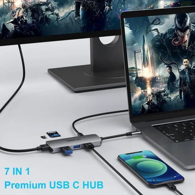 Alt view image 3 of 7 - USB C Adapter for MacBook Pro/Air USB CHub Mac Dongle 7 in 1 Multiports USBC Hub to 3 USB 3.0 4K HDMI SD/TF Card Reader and 100W PD Adapters for  HP  Surface and More