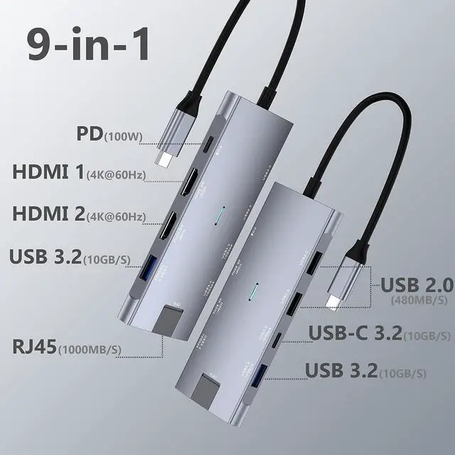 Alt view image 2 of 7 - USB C Hub Dual HDMI 4K@60Hz Adapter w/USB 3.2 Gen 2 10Gbps Data Port, Gigabit Ethernet, PD 100W, USB-C 3.2 Data Port,USB C Docking Station for MacBook Pro/Air iPad Pro M2 M1,XPS,Chromebook