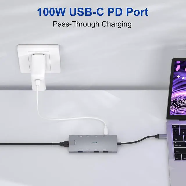Alt view image 5 of 7 - USB C Hub Dual HDMI 4K@60Hz Adapter w/USB 3.2 Gen 2 10Gbps Data Port, Gigabit Ethernet, PD 100W, USB-C 3.2 Data Port,USB C Docking Station for MacBook Pro/Air iPad Pro M2 M1,XPS,Chromebook