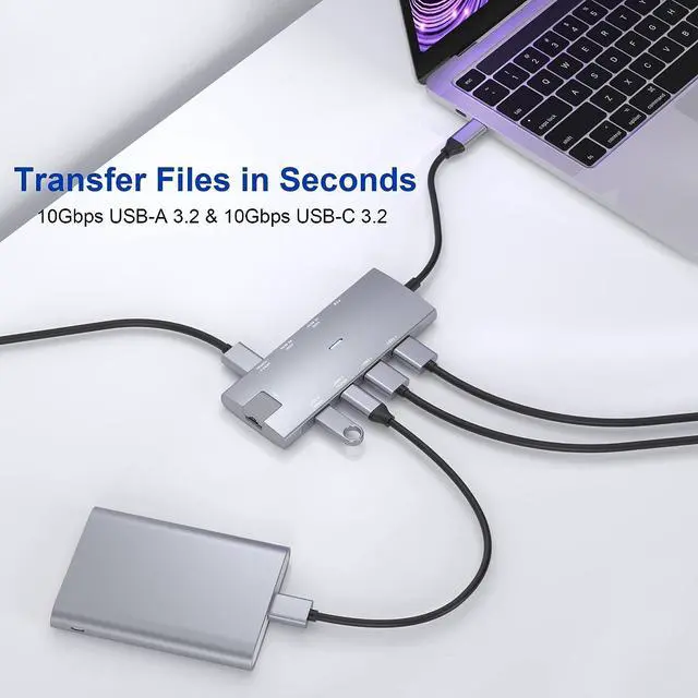 Alt view image 3 of 7 - USB C Hub Dual HDMI 4K@60Hz Adapter w/USB 3.2 Gen 2 10Gbps Data Port, Gigabit Ethernet, PD 100W, USB-C 3.2 Data Port,USB C Docking Station for MacBook Pro/Air iPad Pro M2 M1,XPS,Chromebook