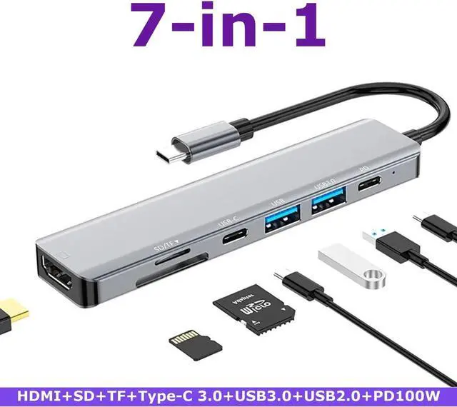 Alt view image 2 of 7 - MOBLINE 7 in 1 USB C HUB Multi Port Adapter for Tablet/Laptop/MacBook Docking Station Type C to 4K HDMI USB 3.0 USB 2.0 SD/TF USB C PD 100W