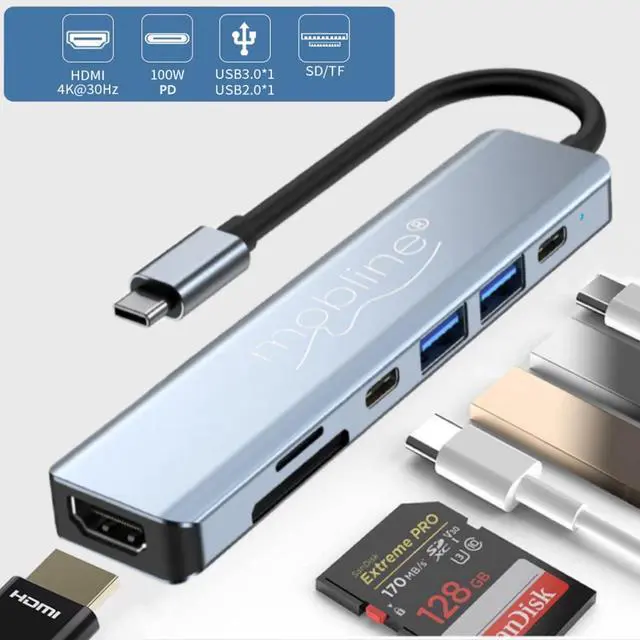 Alt view image 5 of 7 - MOBLINE 7 in 1 USB C HUB Multi Port Adapter for Tablet/Laptop/MacBook Docking Station Type C to 4K HDMI USB 3.0 USB 2.0 SD/TF USB C PD 100W