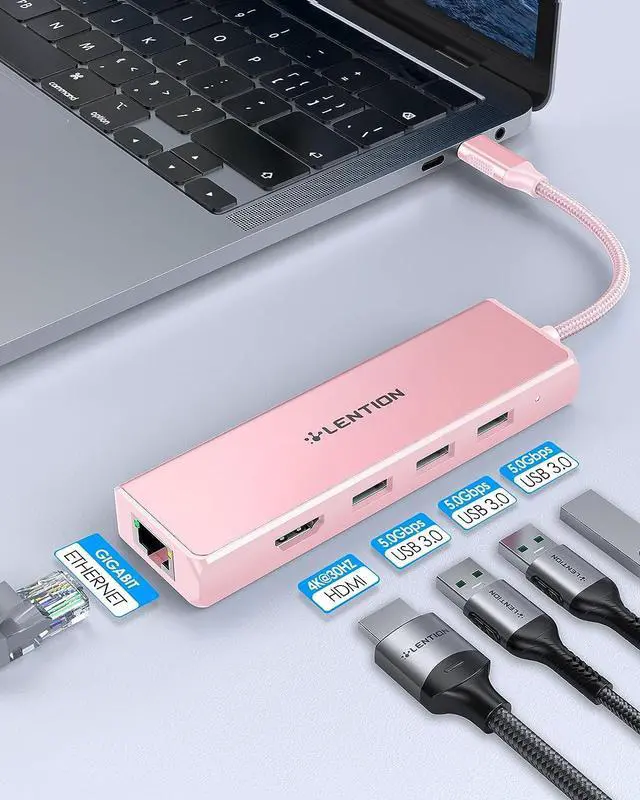 Alt view image 6 of 7 - LENTION USB C Hub with Gigabit Ethernet Adapter, 4K HDMI, 3 USB 3.0 Port for 2023-2016 MacBook Pro 13/14/15/16, New Mac Air & Surface, Chromebook, More, Stable Driver Certified (CB-C25, Rose Gold)