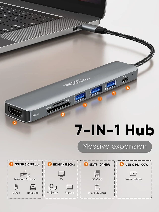 Alt view image 2 of 7 - USB C Hub Multiport Adapter, CableCreation 7-in-1 USB C HDMI Hub with 4K 30Hz HDMI, 100W PD, 3 USB 3.0 5Gbps Data Ports, SD/TF Cards Reader for MacBook Pro/Air, iPad Pro, Pixelbook, XPS